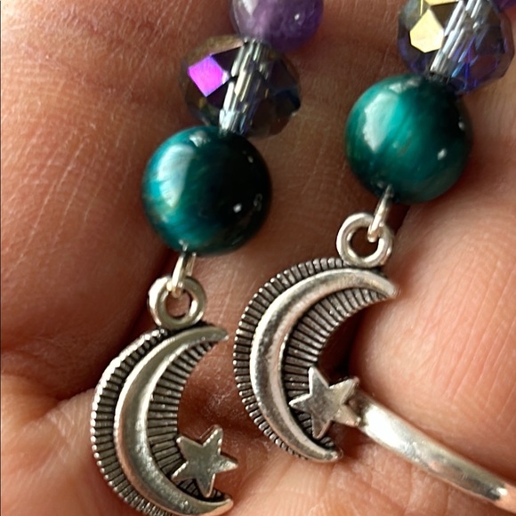 Handmade Amethyst + Blue Tigers Eye Moon Dangle Earrings - Picture 4 of 5